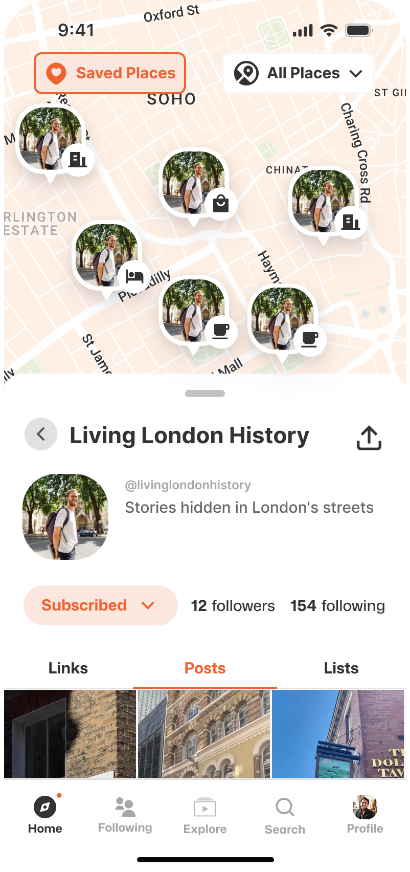 A live creator map in the Lets Discover app, pinned across Soho